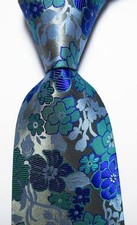 New Classic Floral Blue Gray Silver JACQUARD WOVEN Silk Men's Tie Necktie
