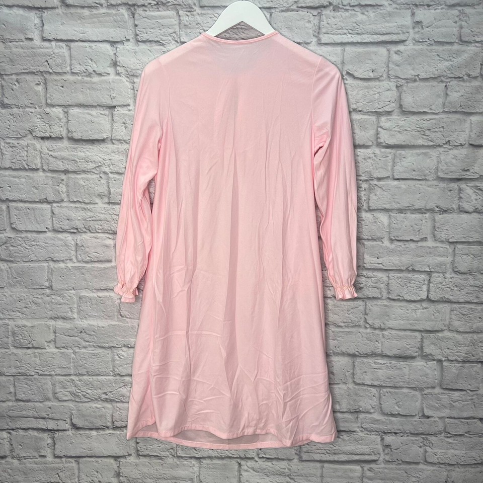 Vintage JCPenney Nylon Fleece Short Nightgown Pink Lace Long Sleeve
