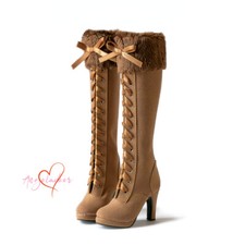 1/3SD BJD Shoes High Heels Queen PU Leather Long Boots Villus Top Line Brown AF