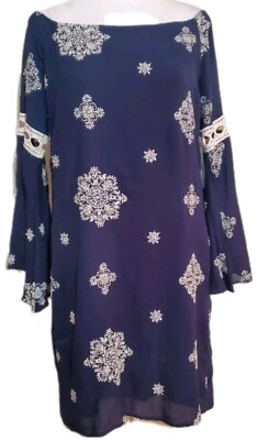 Design Lab Lord & Taylor blue embroidery Flare Sleeve Gauze mini dress M NWT