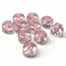 Ribbon Awareness Beads Pink Flat Round 10mm 10 pcs Breast Cancer Awareness 