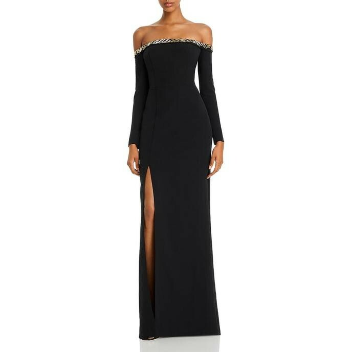 Long Black Dress Embellished Runway Off-The-Shoulder "Aidan Mattox" /Size 2  US