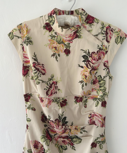 Karen Millen Dress Women's Cream Floral Stretch Pleat Waist Oriental VTG Size 12 - Picture 8 of 13