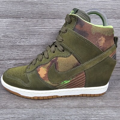 Nike Dunk Sky Hi Green Suede Camo Print Wedge Trainers Ladies