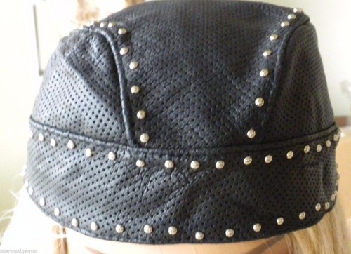 NEW Diamond Plate Genuine Leather Skull Cap with Chrome Studs Motorcycle Attire