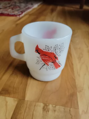 Fire King Cardinal Coffee Mug Cup Milk Glass Anchor Hocking Made USA
