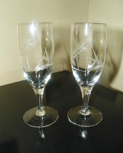 Pair~Vintage Etched "Cut Wheat Pattern" Crystal Wine Goblets/Stems - Picture 1 of 4