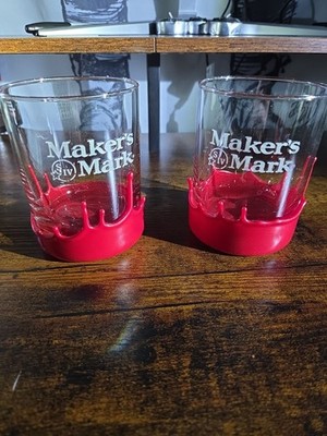MAKERS MARK SET OF 2 Low-Ball Glass Barware Red Wax Dipped Whiskey  4  TALL