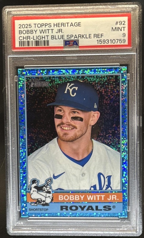 2025 Topps Heritage Bobby Witt Jr. Chrome Light Blue Sparkle Refractor #92 PSA 9