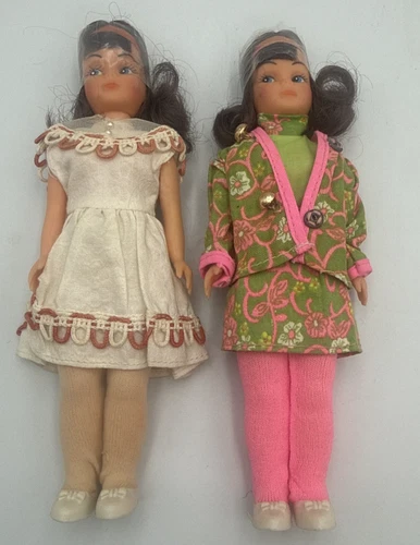 Vintage Hong Kong Dolls Pair Brunette Blue Eyes Original Outfits 7.5" 1960s 1970