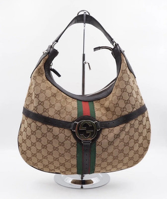 Gucci GG Monogram Web Stripe Crescent Shoulder Bag Beige Brown w/ Silver HW