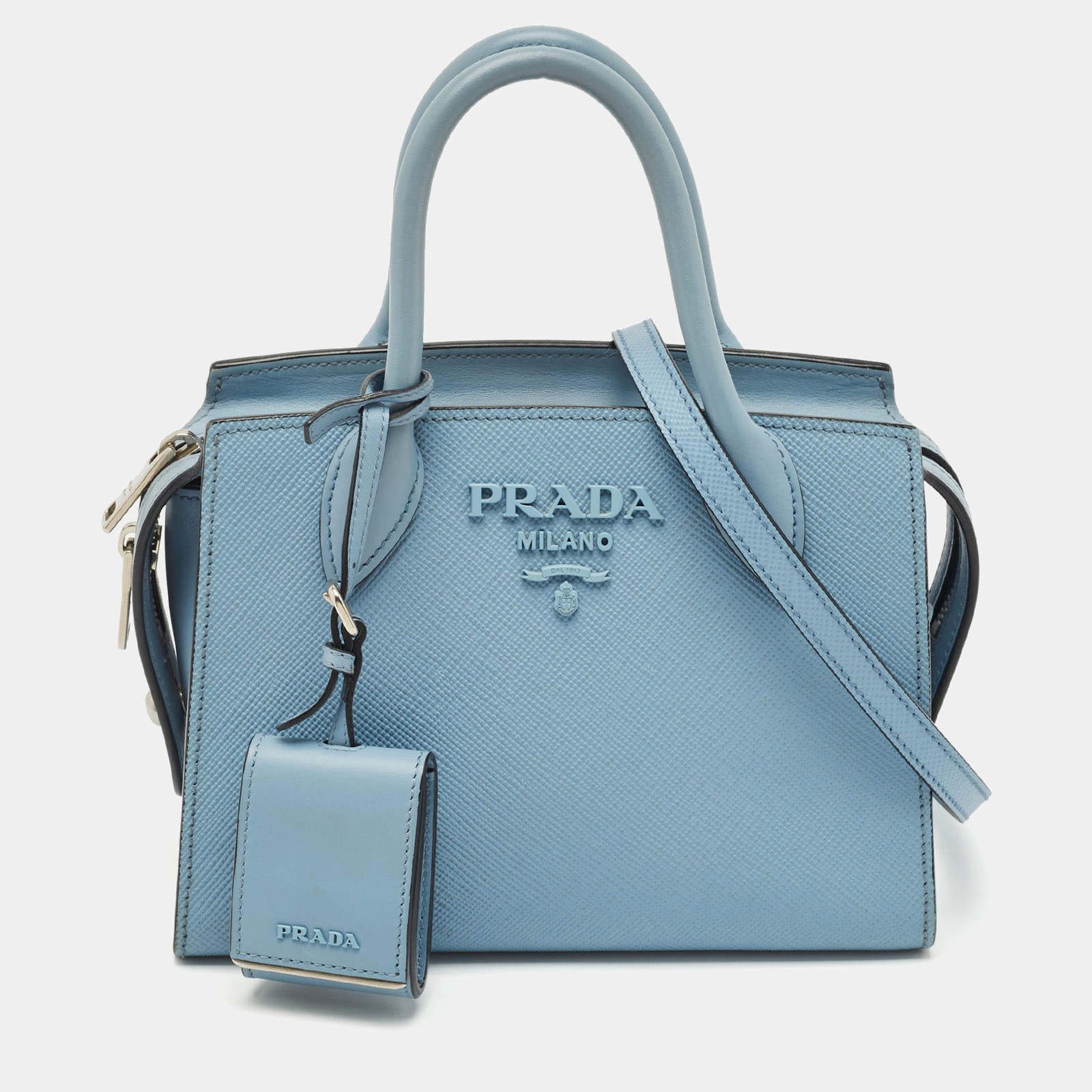 Prada Light Blue Saffiano Leather Small Monochrome Tote