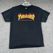 Thrasher Shirt Mens Large Black Flame Logo Magazine Skate Graphic Short Sleeve