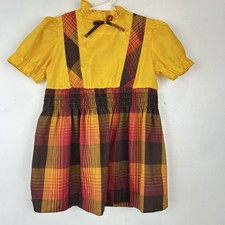 Vintage Dress Toddler Girls 70s Bright Yellow Brown Plaid Jumper Look Read
