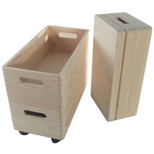 3 Tier Wooden Storage Crate Unit Stack Lid Wheels Handles Pine Unit 40x20x45cm - Picture 3 of 12