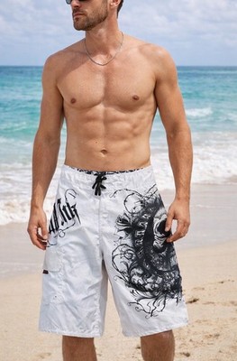 Miami Ink Grunge Skull Swim Trunks White Graphic Steampunk Y2k Men's Mesh Liner