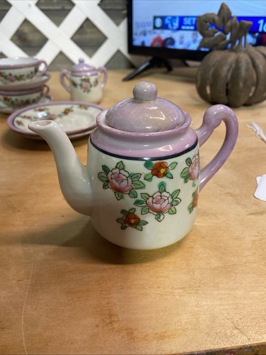 Antique 1900s Japan Miniature 11 Piece Tea Set Flowers Purple - Picture 4 of 5