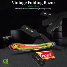 Professional Straight Edge Razor Unique Multi-colored Wooden Handle Ergonomic