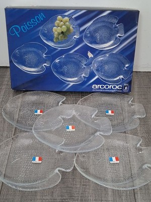 Vintage Arcoroc France Fischteller Glas klein 5er Set 16,5 x 13 Poisson verpackt