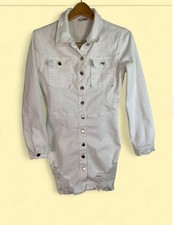 Women’s Sz M White Denim Stretch Shirt Dress Long Sleeve Button Front Distressed