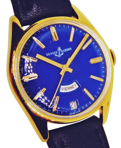 Vintage Ulysse Nardin Automatik Day Date blaues Zifferblatt 18kGP nur gewartet Schweizer Uhr
