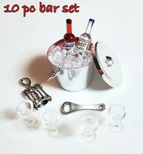DOLLHOUSE MINIATURE 10pc BAR WINE SET w/ GLASSES, WINE, ICE, BUCKET, OPENERS