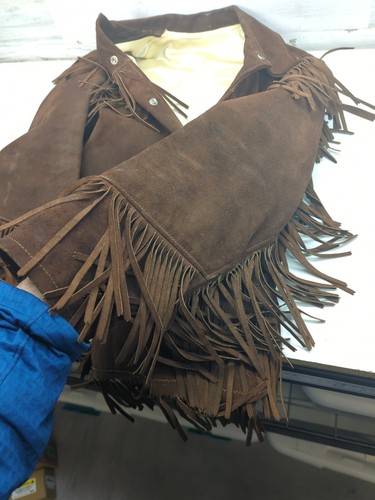 Chaqueta vaquera vintage de cuero con flecos marrones del medio oeste aspecto S/M - Imagen 13 de 18