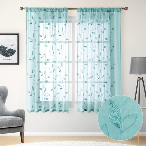 Turquoise Aqua Sheer Curtains 52 X 63 Inches Length 2 Panels Embroidered Leaf Pa - Bild 10 von 13