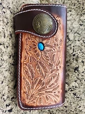Flower Carved Wallet Handmade Cowboy Wallet Mens Bifold Wallet Chain Gift 560