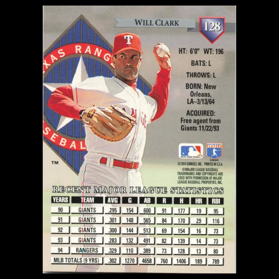 Will Clark #128 1995 Donruss Texas Rangers Baseball Card MLB NM - Image 2 of 3