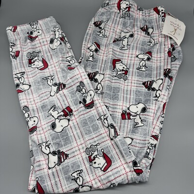 Munki Munki Peanuts Christmas Snoopy Minky Velour Pajama Pants Gray Plaid S  M L