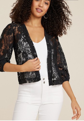 NWT Maurices ALL LACE Embroidered BLACK Lace Cropped Jacket Shrug over Dress S - Picture 2 of 9