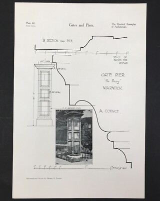 Warwick Priory 1907 Tore Pier Mauerwerk Gesims Zeichnung Pläne 