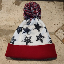 USA American Flag Stars Beanie - Cuffed Cap Knit Winter Stocking Hat w/POM