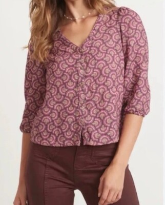 MARINE LAYER PRINTED COLETTE DOUBLECLOTH FAN BLOCK PRINT TOP | XS