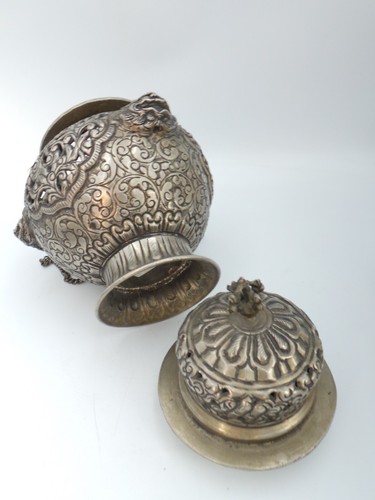 Estate Tibetan Old silver Plated animal foo dog lion Hades incense burner censer - Picture 10 of 20