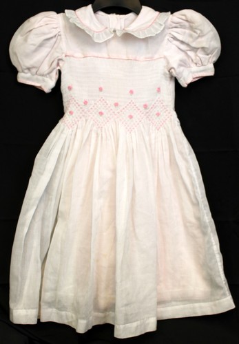 White Smocked Dress sz 7 Linen Pink Embroidery Wedding 1st Communion Special Puf