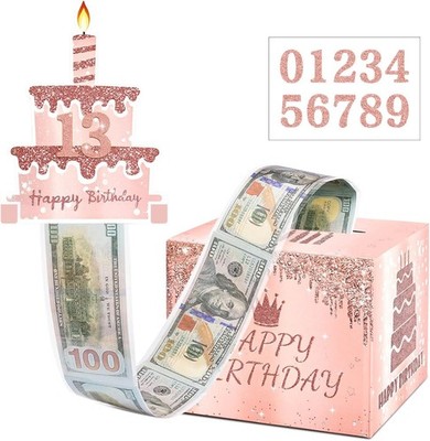 Birthday Money Pull Box for Cash  with DIY Self-Adhesive Stickers for Any Age,