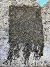 Antique French Micro Steel Bead Purse - Vintage Metal Beaded Fringe Flapper Bag