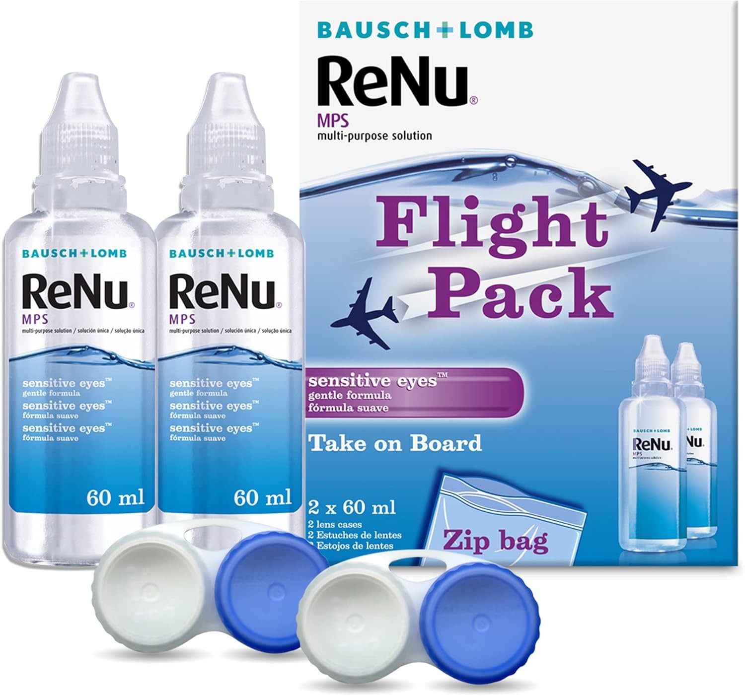 ReNu Multi-Purpose Travel Contact Lens Solution, 2x 60ml Flight Pack Size - For