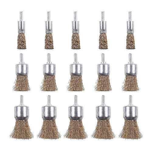 15 Pack Brass Coated Wire Brush Wheel & Cup Brush Set with 1/4-Inch Shank, 3 ...