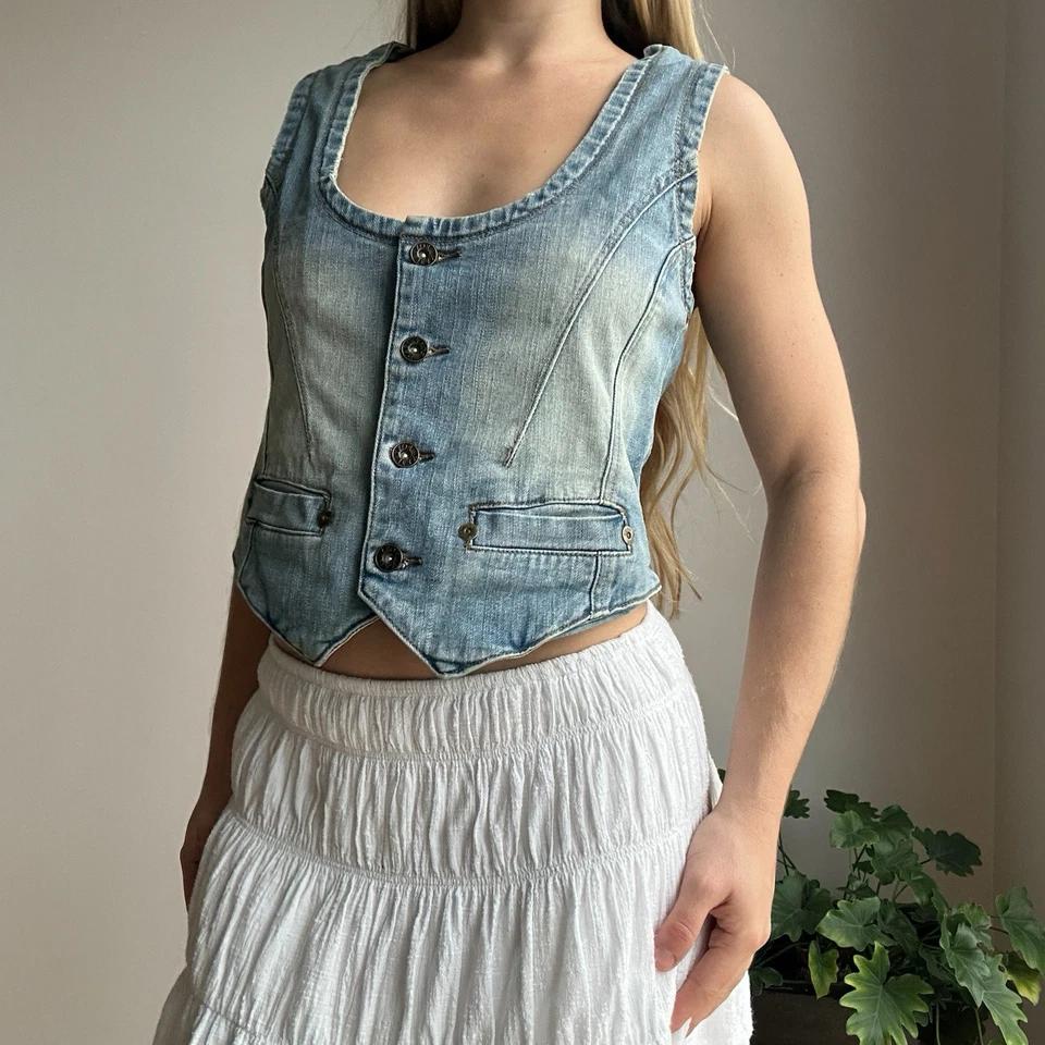 Chaleco vaquero vintage lavado claro azul Roxy para mujer 10 abotonado Foto 2 de 4