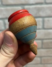 Antique Vintage Wooden Toy Spinning Top Red  Blue Paint