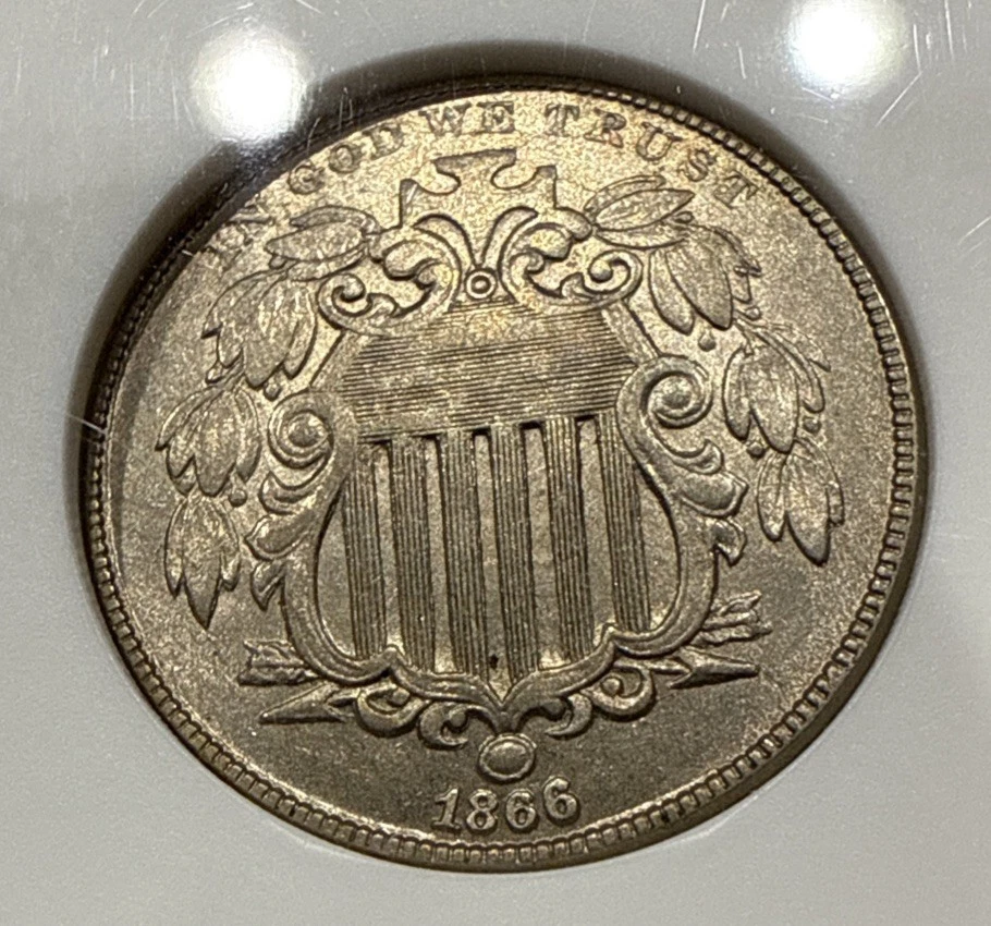 1866 Escudo Níquel con Rayos ANACS Jabonera Soporte AU50 Foto 3 de 4