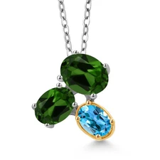 925 Silver and 10K Yellow Gold Green Chrome Diopside and Swiss Blue Topaz