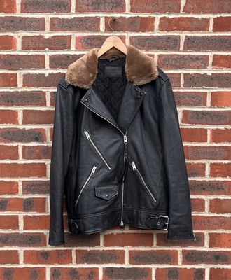 AllSaints Ladies SHERWOOD Leather Jacket LARGE Black UK14 UK16 Biker Bomber