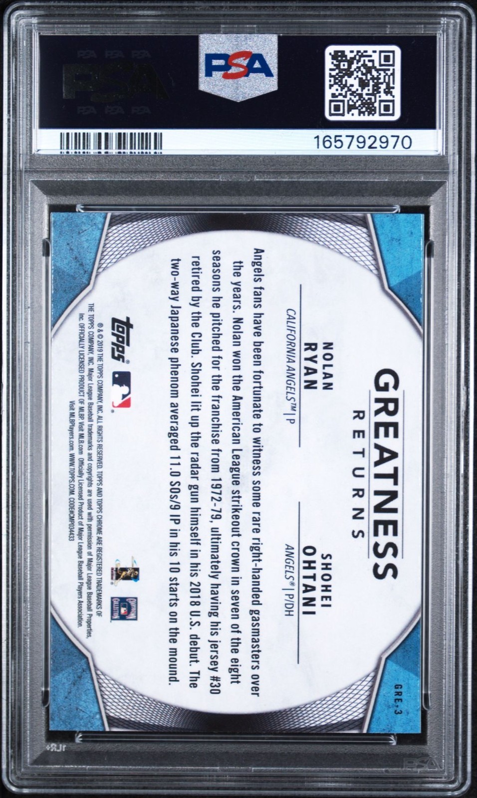 2019 TOPPS CHROME GREATNESS RETURNS #GRE3 NOLAN RYAN SHOHEI OHTANI PSA 10 view 2