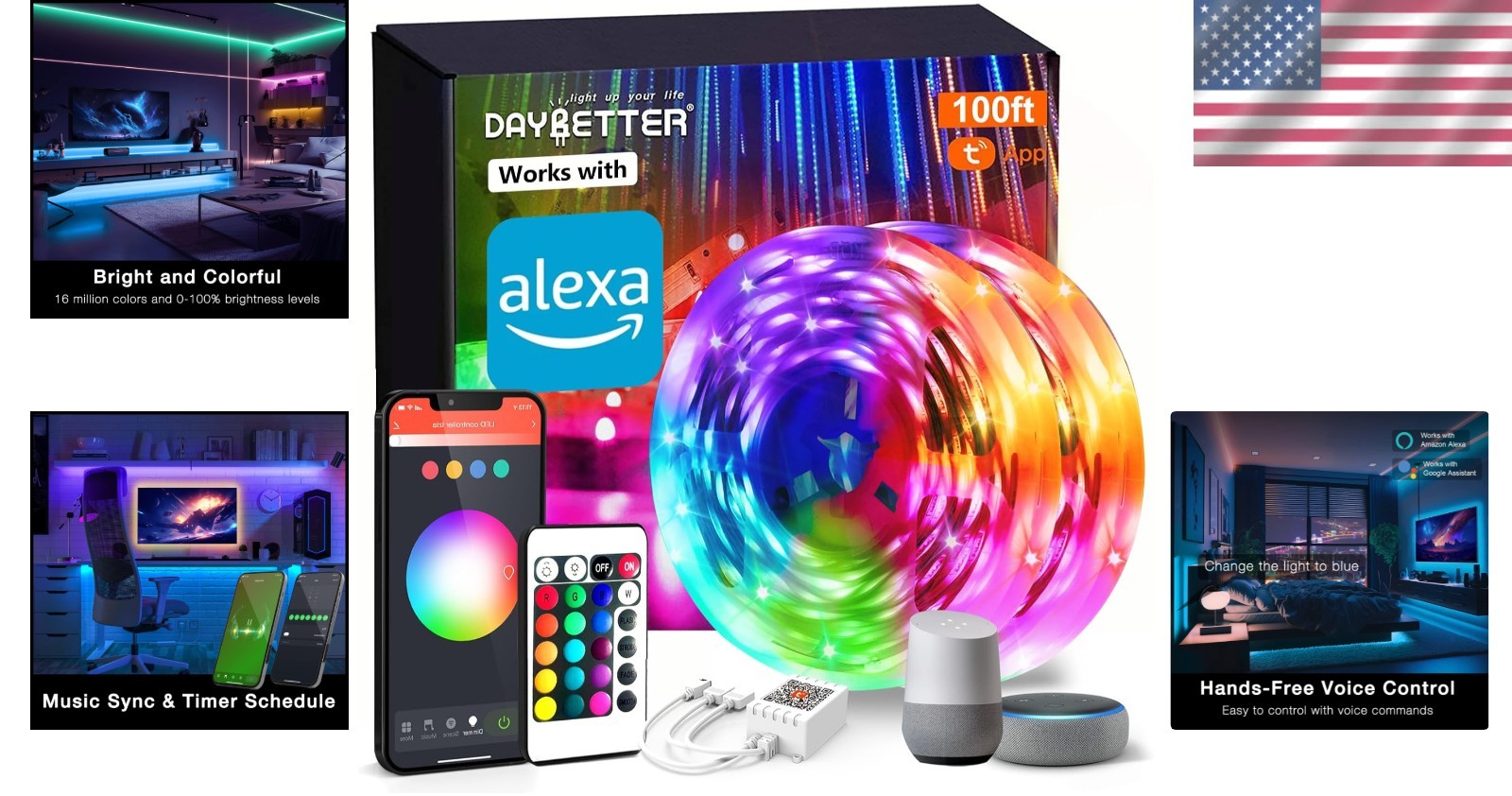 Easy to Install 100ft Color Changing LED Strip Lights - Remote & App Controlled