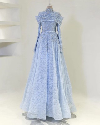 Luxury Evening Dresses High Collar Long Sleeves Crystal Princess  Floor-length | eBay