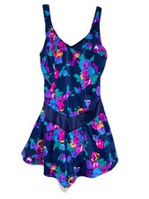 Maxine of Hollywood Swimsuit Womens size 8 blue pink floral skirt vintage 70  s